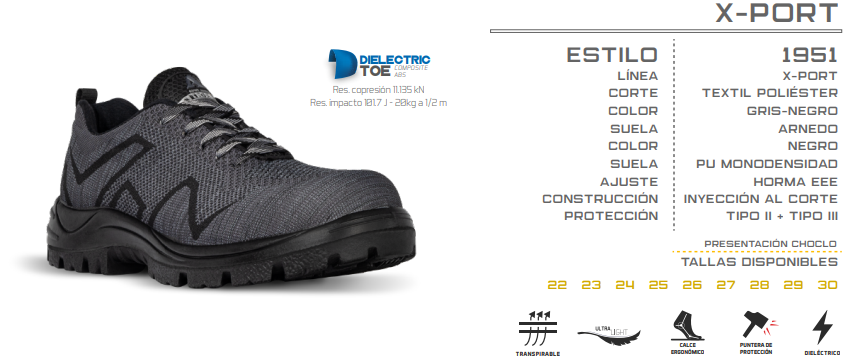 Zapato Tenis con Casco de Policarbonato Dieléctrico X-Port Armada Gris/Negro