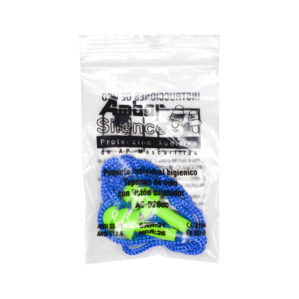 Tapón Auditivo, Reutilizable con Cordón Alta Visibilidad NRR 26 dB AP Mascarillas (Par), Verde, AS-026CC