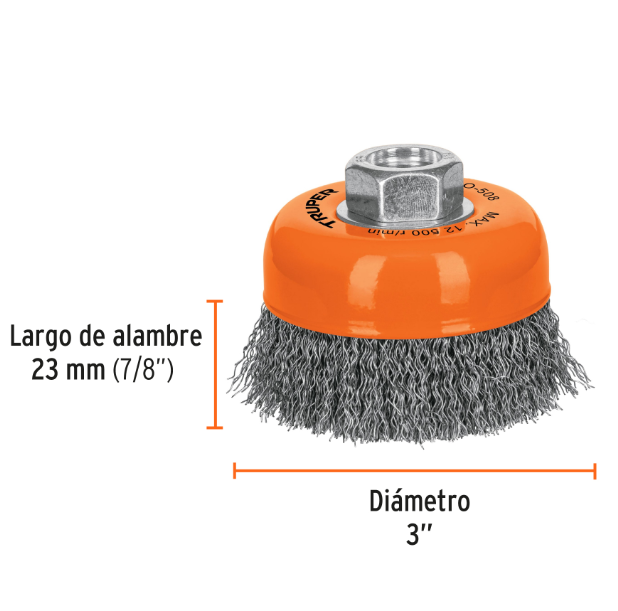 Carda copa 3' alambre ondulado fino, eje 5/8'-11, Truper