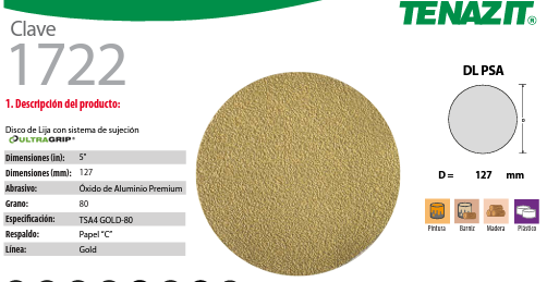 [EXT-048] DISCO DE LIJA CON VELCRO 1722 TENAZIT - 5", GRANO 80