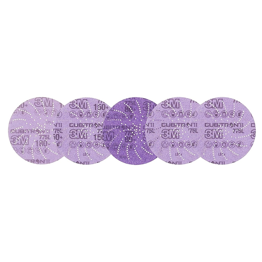 [EXT-057] Disco de película de lija limpia 775L, código: 87338,  5 pulgadas x NH, 80+ a 220+, flauta de ángulo de corte de revestimiento, color morado, Marca: 3M Cubitron