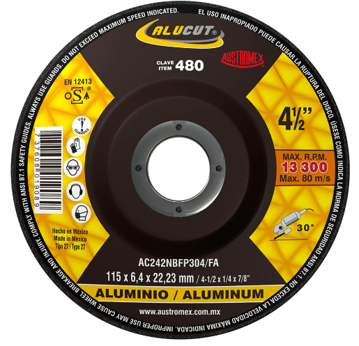 [EXT-097] DISCO DE DESBASTE DE ALUMINIO Y METALES NO FERROSOS DE 115 X 6.4 X 22.23 MM - CLAVE 480