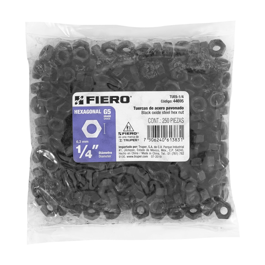 [44695] Bolsa con 250 tuercas 1/4' hexagonales pavonadas, grado 5