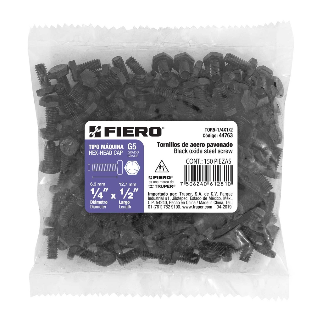 [44763] Bolsa con 150 tornillos 1/4' x 1/2' de acero, grado 5, Fiero