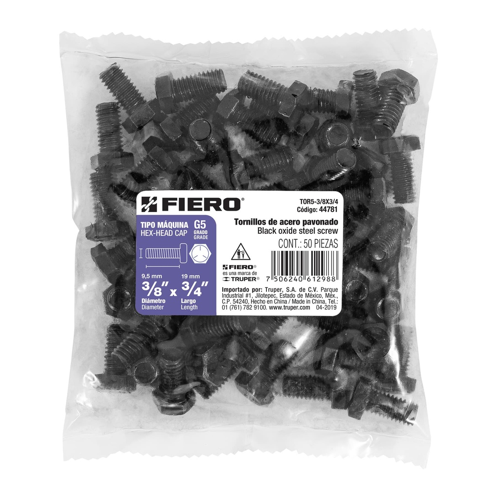 [44781] Bolsa con 50 tornillos 3/8' x 3/4' de acero, grado 5, Fiero