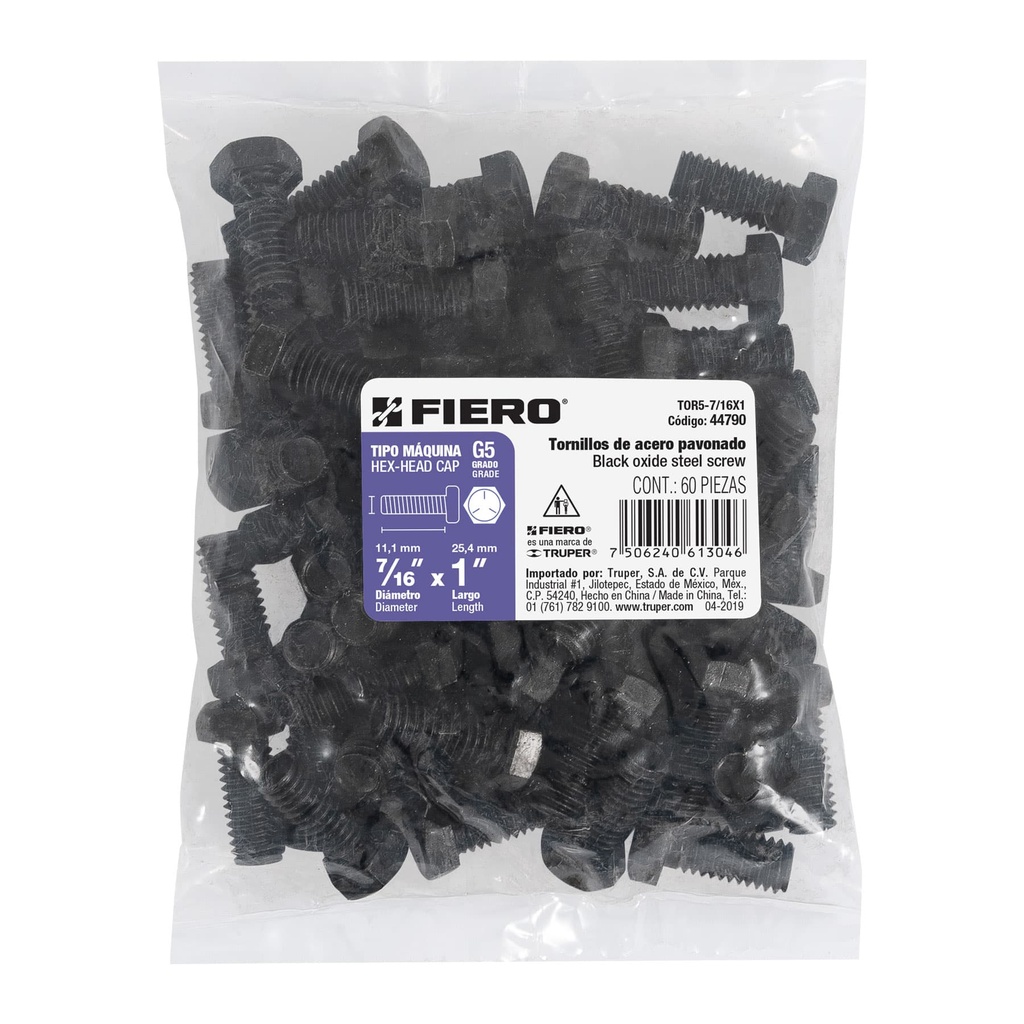 [44790] Bolsa con 60 tornillos 7/16' x 1' de acero, grado 5, Fiero