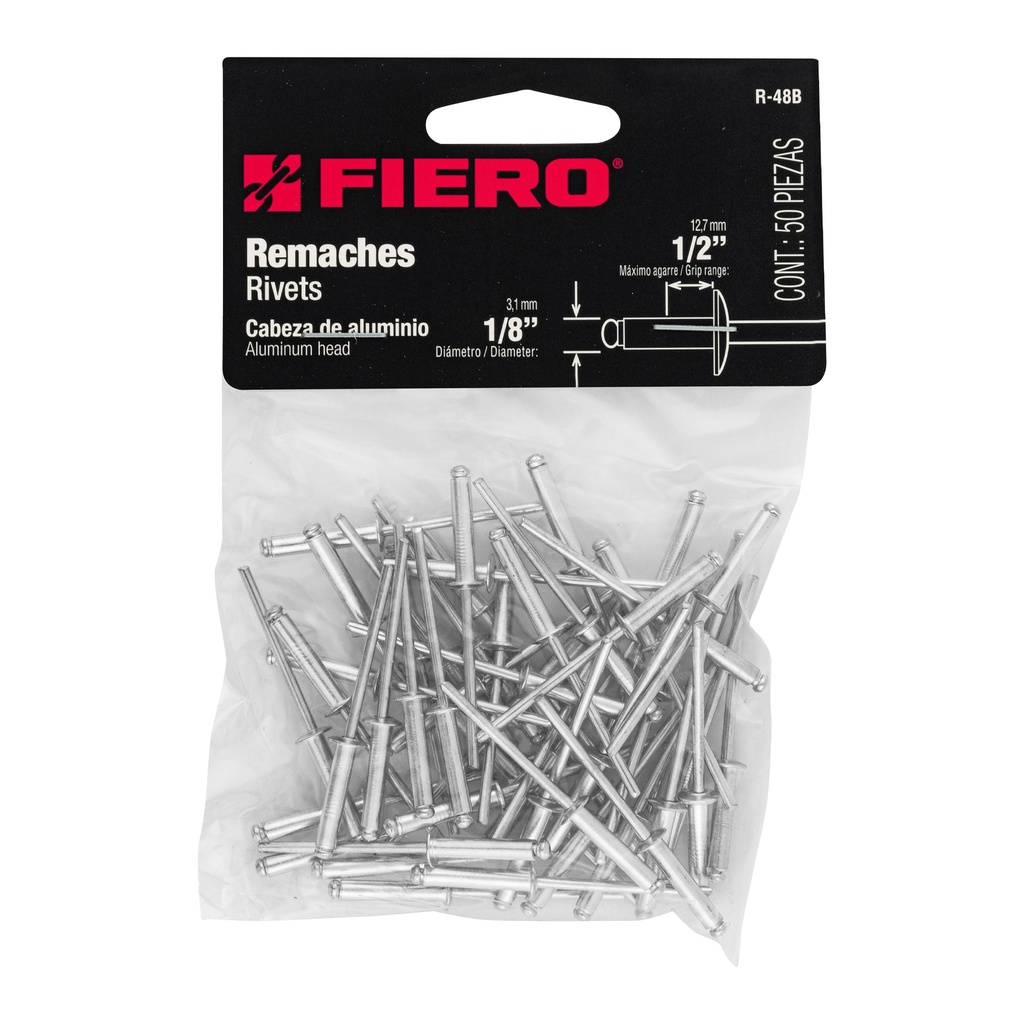 [44523] Bolsa con 50 remaches 1/8' x 1/2' de aluminio, ala 1/4
