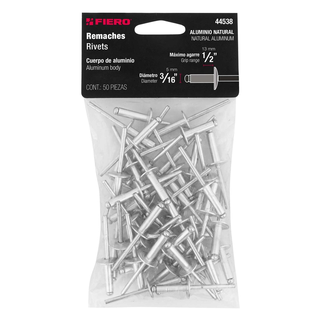 [44538] Bolsa con 50 remaches 3/16' x 1/2' de aluminio, ala 17/32'