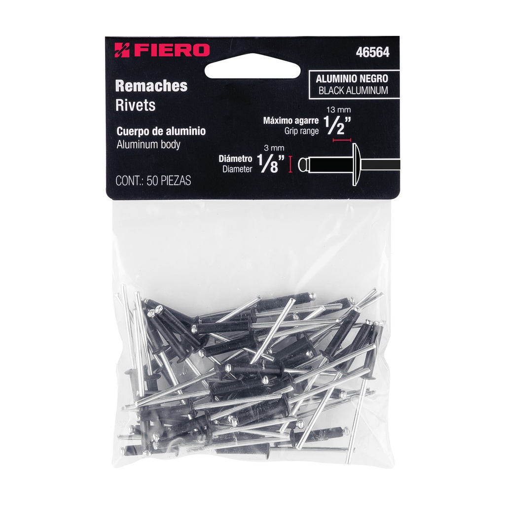 [46564] Bolsa c/50 remaches 1/8'x1/2' negros de aluminio, ala 1/4'