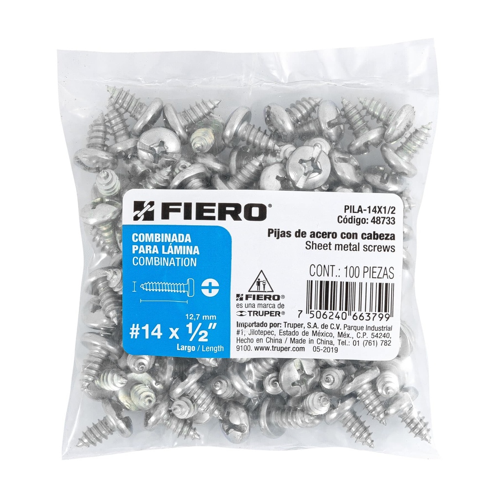 [48733] Bolsa con 100 pijas para lámina, #14 x 1/2', Fiero