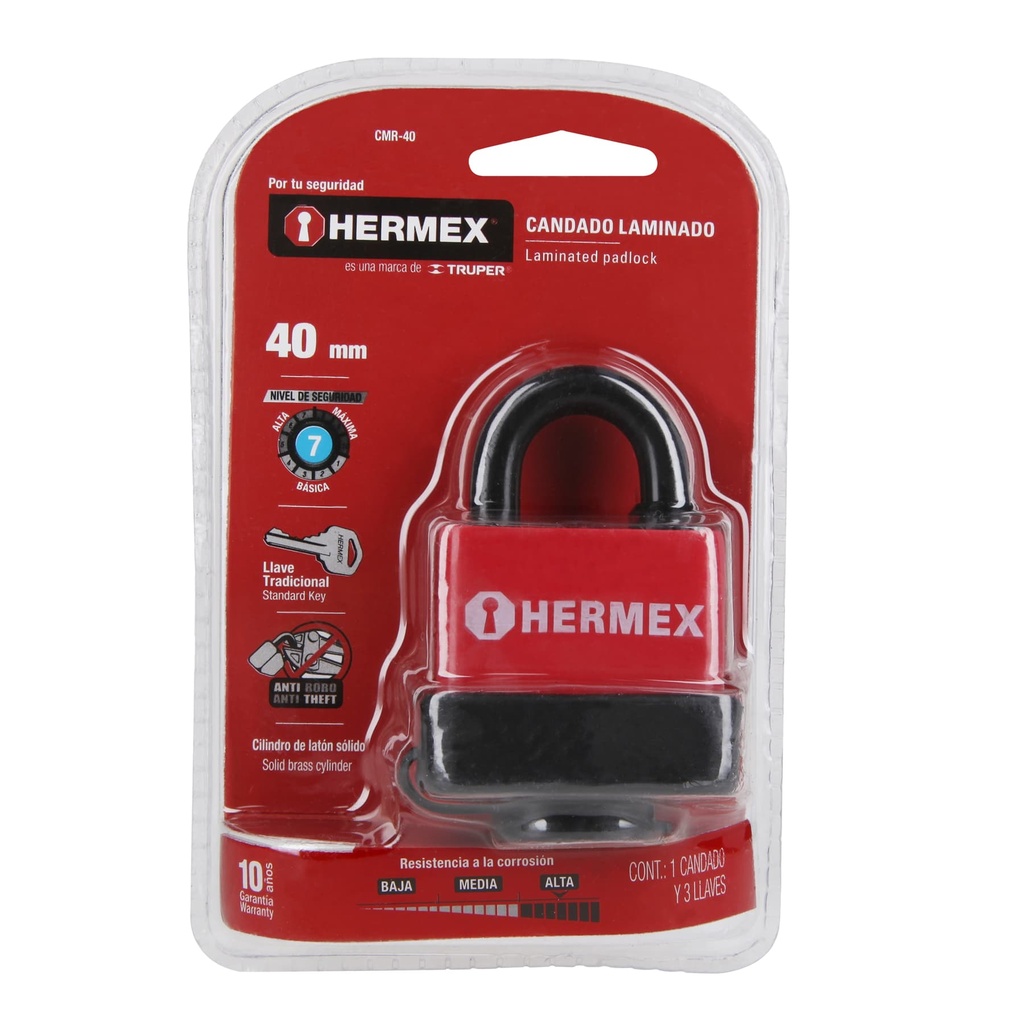 Candado laminado, recubierto de plástico, 40mm, blister