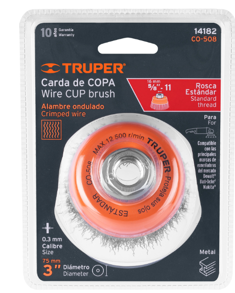 [14182] Carda copa 3' alambre ondulado fino, eje 5/8'-11, Truper