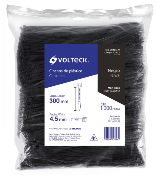 [47472] Bolsa con 1000 cinchos plásticos 50 lb, 300x4.5 mm, negros