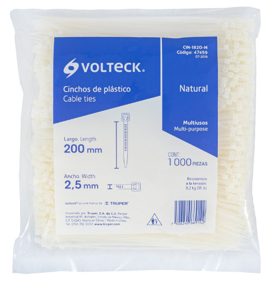 [47459] Bolsa con 1000 cinchos plásticos 18lb, 200x2.5 mm, naturales