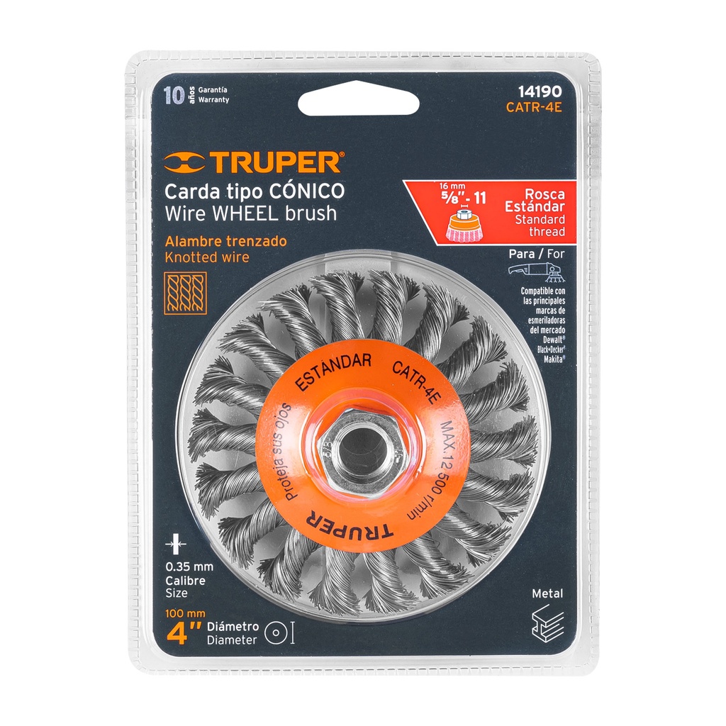 [14190] Carda tipo cónico 4' alambre trenzado, eje 5/8'-11, Truper