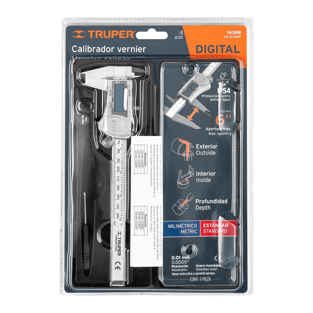 [14388] Calibrador vernier digital 6' acero inox, std y mm, Truper