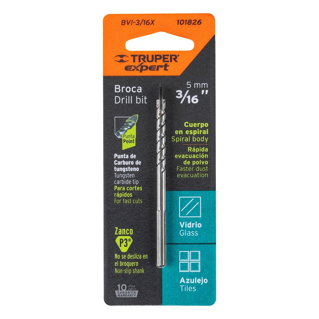 [101826] Broca para vidrio y azulejo 3/16', Truper Expert