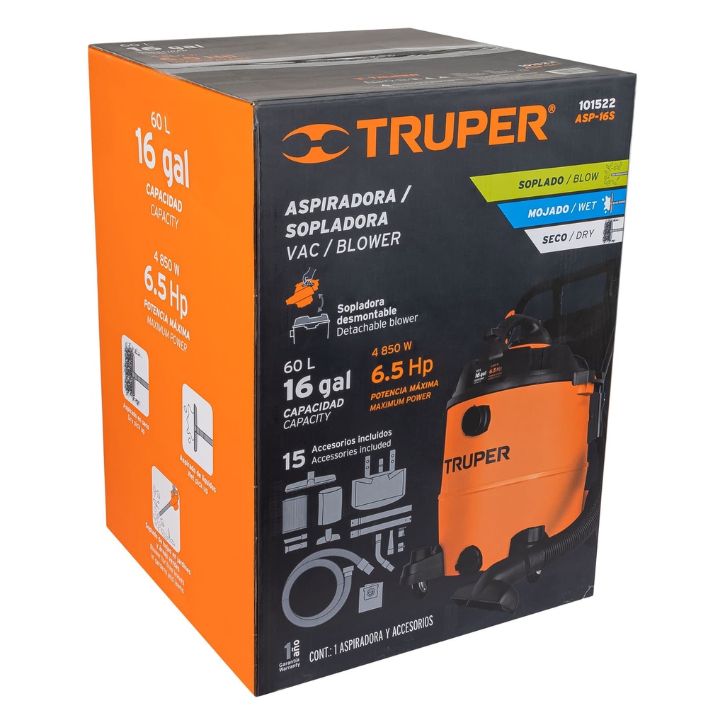 Aspiradora/sopladora de sólidos y líquidos 16 gal, plástica