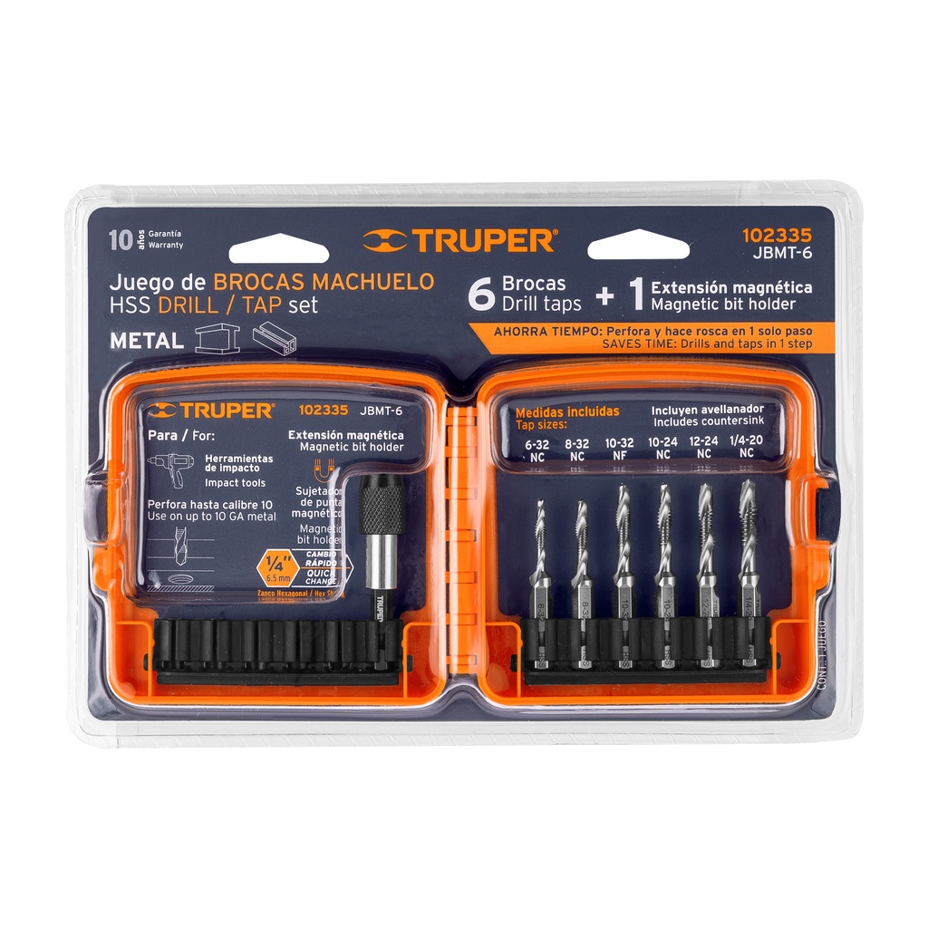 [102335] Juego de 6 brocas HSS con machuelo para metal, Truper