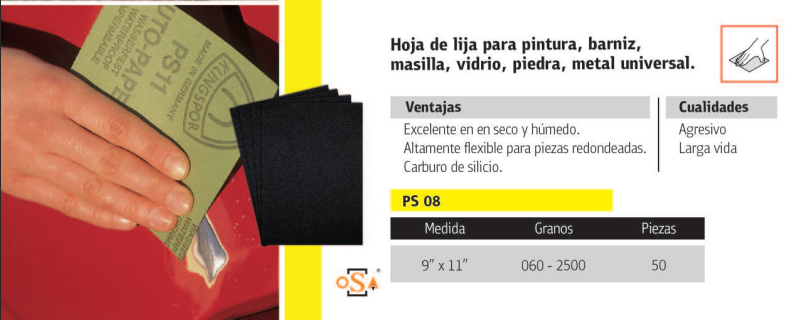 Hoja de lija agua, con soporte de papel grano 120, Medida: 9”X11” Ítem: 0080120C-S