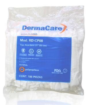 [RD-CP-08, 21"] Cofia, Polipropileno Plisada DermaCare (Paq. con 100 Pieza), Blanco