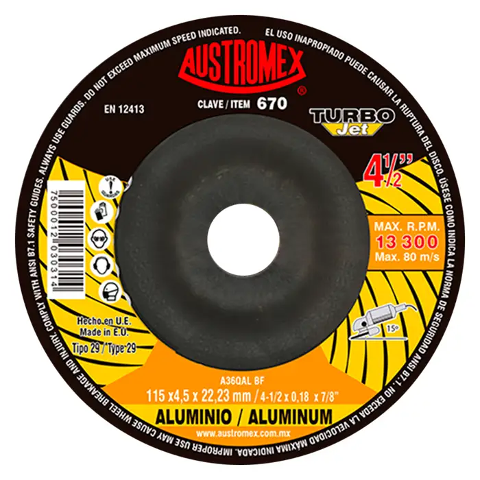 [670] Disco abrasivo para desbaste de aluminio y metales no ferrosos 4-1/2 x 0.18 x 7/8