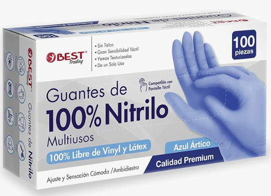 Guante Desechable, Nitrilo  sin Polvo Best Trading (Paq. con 100 Pieza), Color Azul Ártico, Talla: MD